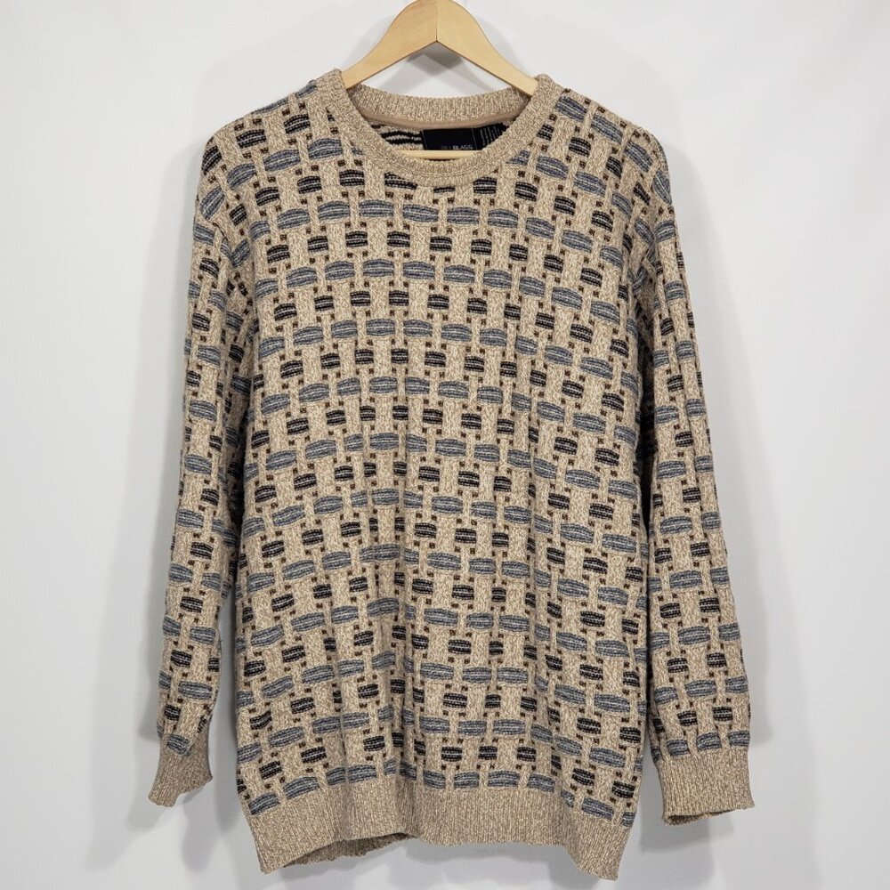 Vintage Bill Blass Basketweave Pattern Blue Tan Men's Sweater Size 2X